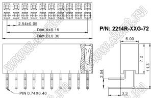 2214R-18G-72 розетка двухрядная угловая на плату для монтажа в отверстия, шаг 2,54 x 2,54 мм; 18-конт.