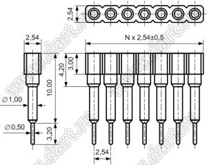 DS1002-07-1x111325 гнездо цанговое прямое однорядное приподнятое для выводного монтажа; P=2,54мм; 11-конт.