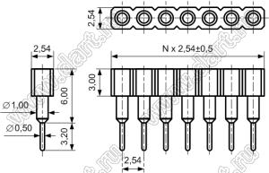 DS1002-07-1x121311 гнездо цанговое прямое однорядное приподнятое для выводного монтажа; P=2,54мм; 12-конт.