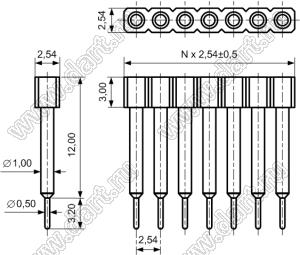 DS1002-07-1x121317 гнездо цанговое прямое однорядное приподнятое для выводного монтажа; P=2,54мм; 12-конт.