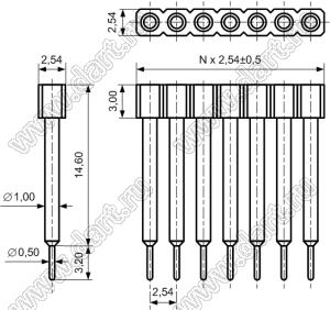 DS1002-07-1x141318 гнездо цанговое прямое однорядное приподнятое для выводного монтажа; P=2,54мм; 14-конт.