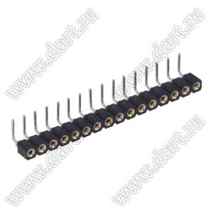 DS1002-01-1x16R13 (SCSL-16R, PBSM-1x16R) гнездо цанговое угловое однорядное для выводного монтажа; P=2,54мм; 16-конт.