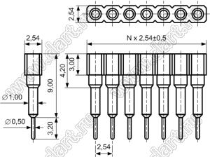 DS1002-07-1x091324 гнездо цанговое прямое однорядное приподнятое для выводного монтажа; P=2,54мм; 9-конт.