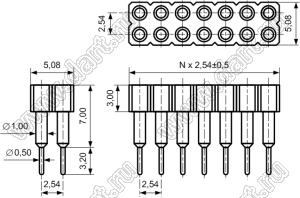 DS1002-07-2x051312 гнездо цанговое прямое двухрядное приподнятое для выводного монтажа; P=2,54x2,54мм; 2x5-конт.