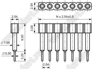 DS1002-07-1x011314 гнездо цанговое прямое однорядное приподнятое для выводного монтажа; P=2,54мм; 1-конт.