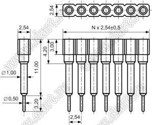 DS1002-07-1x211326 гнездо цанговое прямое однорядное приподнятое для выводного монтажа; P=2,54мм; 21-конт.