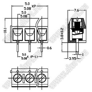 KF306-5.0-03P-12 клеммник винтовой, однорядный, прямой; шаг=5,00мм; H=10,00мм; I max=16/17А; U=300/250В; 3-конт.