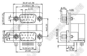 DS1082-01-09M09M0B32 блок разъемов D-SUB; H=22,86мм; вилка 9-конт./вилка 9-конт.; шестигранные резьбовые стойки