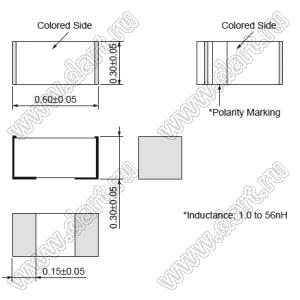 LQP03TN0N6B00 дроссель SMD пленочный немагнитный; 0201 (0603); L=0,6nH±0,1nH; Iн=840mA