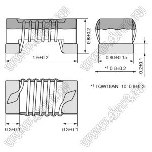 LQW18AN3N9D10 дроссель SMD проволочный немагнитный; 0603 (1608); L=3,9nH±0,5nH; Iн=1000mA