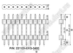 2211DI-40G-3400 (KLS1-218-1-40-S-3.0*6.0*34.0) вилка штыревая открытая прямая с двойным изолятором однорядная на плату для монтажа в отверстия; P=2,54мм; 40-конт.; L=34,0мм