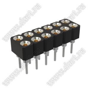 DS1002-02-2x066BT1F6 (6833S-06) гнездо цанговое прямое двухрядное для выводного монтажа; P=2,0x2,0мм; 2x6-конт.