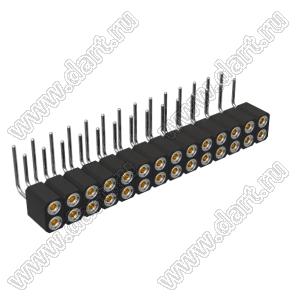 DS1002-08-2x14R13420 гнездо цанговое угловое двухрядное для выводного монтажа; P=2,54x2,54мм; 2x14-конт.