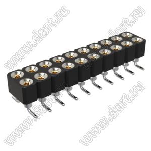 DS1002-01-2x10S13 (SCDL-10SMT, PBDM-2x10SMT, 362030210NS007401) гнездо цанговое прямое двухрядное для поверхностного (SMD) монтажа; P=2,54мм; 2x10-конт.