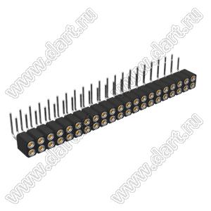 DS1002-08-2x21R13420 гнездо цанговое угловое двухрядное для выводного монтажа; P=2,54x2,54мм; 2x21-конт.