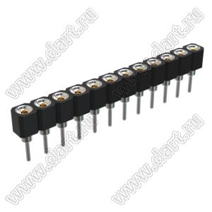 DS1002-01-1x12V13 (SCSL-12, PBSM-12, 6604S-12G-30) гнездо цанговое прямое однорядное для выводного монтажа; P=2,54мм; 12-конт.