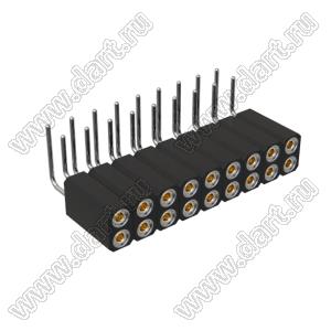 DS1002-08-2x09R13700 (7803R-09-70) гнездо цанговое угловое двухрядное для выводного монтажа; P=2,54x2,54мм; 2x9-конт.