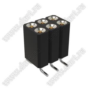 DS1002-08-2x03S13700 гнездо цанговое прямое двухрядное для поверхностного (SMD) монтажа; P=2,54x2,54мм; 2x3-конт.