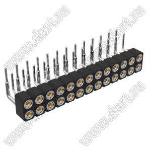 DS1002-01-2x13R13 (SCDL-013R, PBDM-2x13R) гнездо цанговое угловое двухрядное для выводного монтажа; P=2,54мм; 2x13-конт.