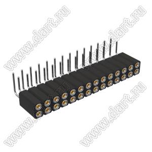 DS1002-08-2x14R13700 (7803R-14-70) гнездо цанговое угловое двухрядное для выводного монтажа; P=2,54x2,54мм; 2x14-конт.