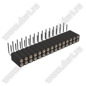 DS1002-08-2x15R13700 (7803R-15-70) гнездо цанговое угловое двухрядное для выводного монтажа; P=2,54x2,54мм; 2x15-конт.