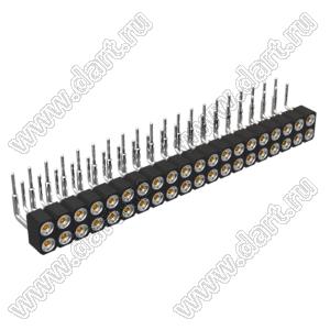 DS1002-01-2x20R13 (SCDL-020R, PBDM-2x20R) гнездо цанговое угловое двухрядное для выводного монтажа; P=2,54мм; 2x20-конт.