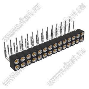 DS1002-01-2x14R13 (SCDL-014R, PBDM-2x14R) гнездо цанговое угловое двухрядное для выводного монтажа; P=2,54мм; 2x14-конт.