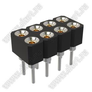 DS1002-02-2x046BT1F6 (6833S-04) гнездо цанговое прямое двухрядное для выводного монтажа; P=2,0x2,0мм; 2x4-конт.