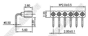 DS1002-09-1x36R13 гнездо цанговое угловое однорядное для выводного монтажа; P=2,00мм; 36-конт.