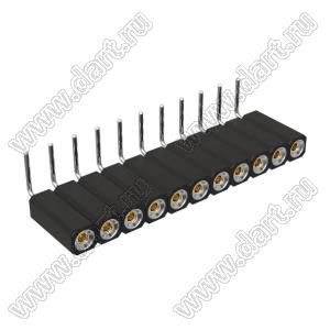 DS1002-08-1x11R13700 (7801R-11-70) гнездо цанговое угловое однорядное для выводного монтажа; P=2,54мм; 11-конт.