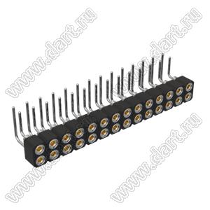 DS1002-09-2x14R13 гнездо цанговое угловое двухрядное для выводного монтажа; P=2,00x2,00мм; 2x14-конт.