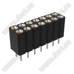 DS1002-03-2x076T1F6 (6803S-07-70) гнездо цанговое прямое двухрядное для выводного монтажа; P=2,54x2,54мм; 2x7-конт.