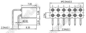 DS1002-08-2x15R13700 (7803R-15-70) гнездо цанговое угловое двухрядное для выводного монтажа; P=2,54x2,54мм; 2x15-конт.