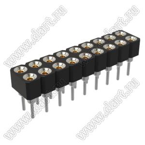 DS1002-02-2x096BT1F6 (6833S-09) гнездо цанговое прямое двухрядное для выводного монтажа; P=2,0x2,0мм; 2x9-конт.