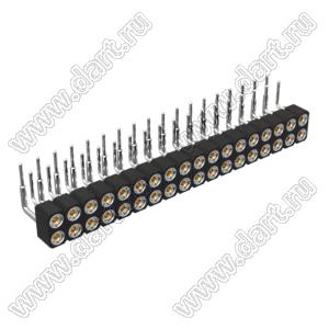 DS1002-01-2x18R13 (SCDL-018R, PBDM-2x18R) гнездо цанговое угловое двухрядное для выводного монтажа; P=2,54мм; 2x18-конт.