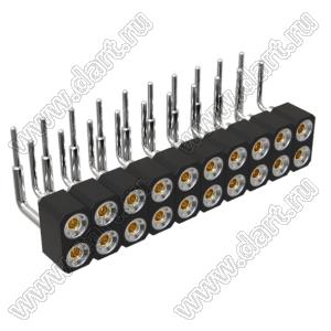 DS1002-01-2x10R13 (SCDL-010R, PBDM-2x10R) гнездо цанговое угловое двухрядное для выводного монтажа; P=2,54мм; 2x10-конт.