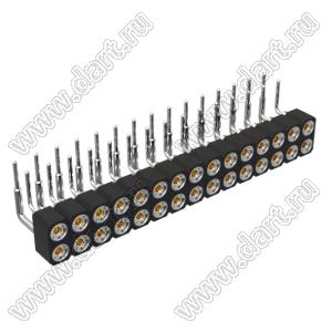 DS1002-01-2x15R13 (SCDL-015R, PBDM-2x15R) гнездо цанговое угловое двухрядное для выводного монтажа; P=2,54мм; 2x15-конт.