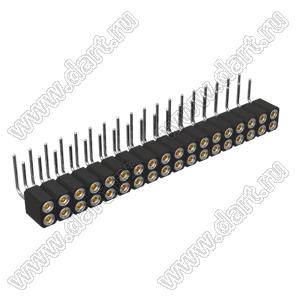 DS1002-08-2x18R13420 гнездо цанговое угловое двухрядное для выводного монтажа; P=2,54x2,54мм; 2x18-конт.