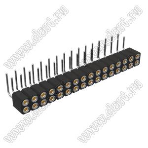 DS1002-08-2x16R13420 гнездо цанговое угловое двухрядное для выводного монтажа; P=2,54x2,54мм; 2x16-конт.