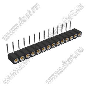 DS1002-08-1x14R13420 гнездо цанговое угловое однорядное для выводного монтажа; P=2,54мм; 14-конт.