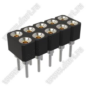 DS1002-02-2x056BT1F6 (6833S-05) гнездо цанговое прямое двухрядное для выводного монтажа; P=2,0x2,0мм; 2x5-конт.