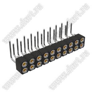 DS1002-09-2x10R13 гнездо цанговое угловое двухрядное для выводного монтажа; P=2,00x2,00мм; 2x10-конт.