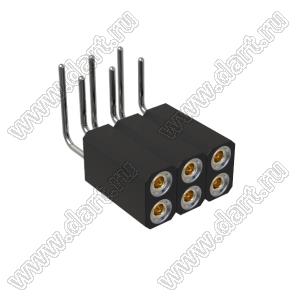 DS1002-08-2x03R13700 (7803R-03-70) гнездо цанговое угловое двухрядное для выводного монтажа; P=2,54x2,54мм; 2x3-конт.