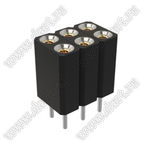 DS1002-03-2x036T1F6 (6803S-03-70) гнездо цанговое прямое двухрядное для выводного монтажа; P=2,54x2,54мм; 2x3-конт.