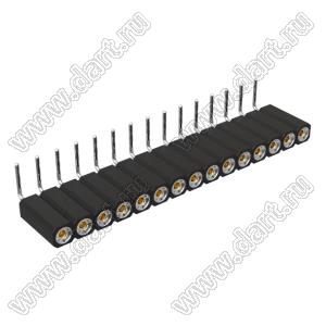 DS1002-08-1x15R13700 (7801R-15-70) гнездо цанговое угловое однорядное для выводного монтажа; P=2,54мм; 15-конт.