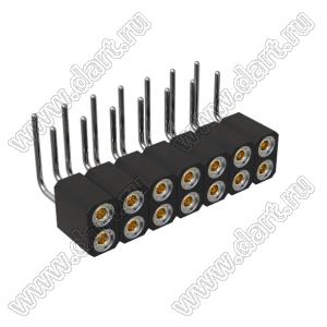 DS1002-08-2x07R13420 гнездо цанговое угловое двухрядное для выводного монтажа; P=2,54x2,54мм; 2x7-конт.