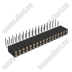 DS1002-08-2x17R13700 (7803R-17-70) гнездо цанговое угловое двухрядное для выводного монтажа; P=2,54x2,54мм; 2x17-конт.