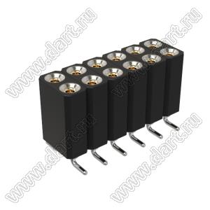 DS1002-08-2x06S13700 гнездо цанговое прямое двухрядное для поверхностного (SMD) монтажа; P=2,54x2,54мм; 2x6-конт.