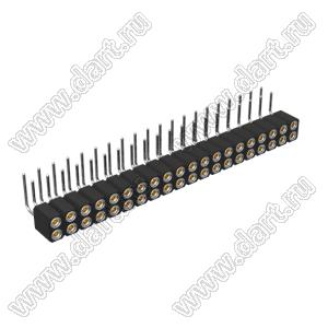 DS1002-08-2x20R13420 гнездо цанговое угловое двухрядное для выводного монтажа; P=2,54x2,54мм; 2x20-конт.