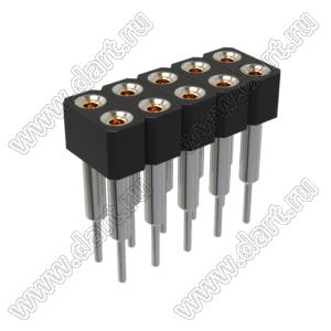 DS1002-07-2x051314 гнездо цанговое прямое двухрядное приподнятое для выводного монтажа; P=2,54x2,54мм; 2x5-конт.